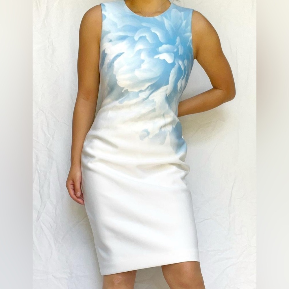 Sleeveless White Midi Dress with Blue Watercolor Floral Print